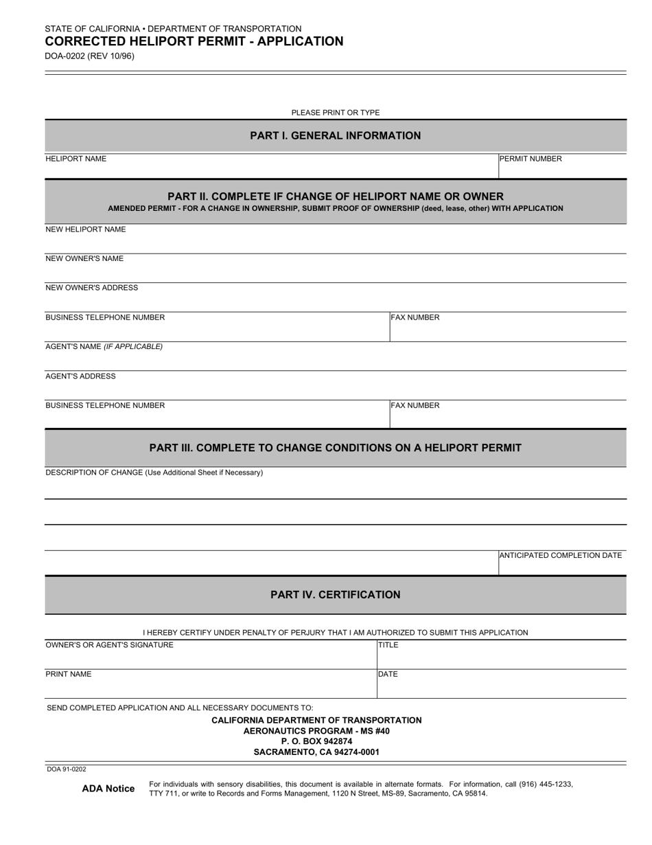 Form DOA-0202 Corrected Heliport Permit - Application - California, Page 1