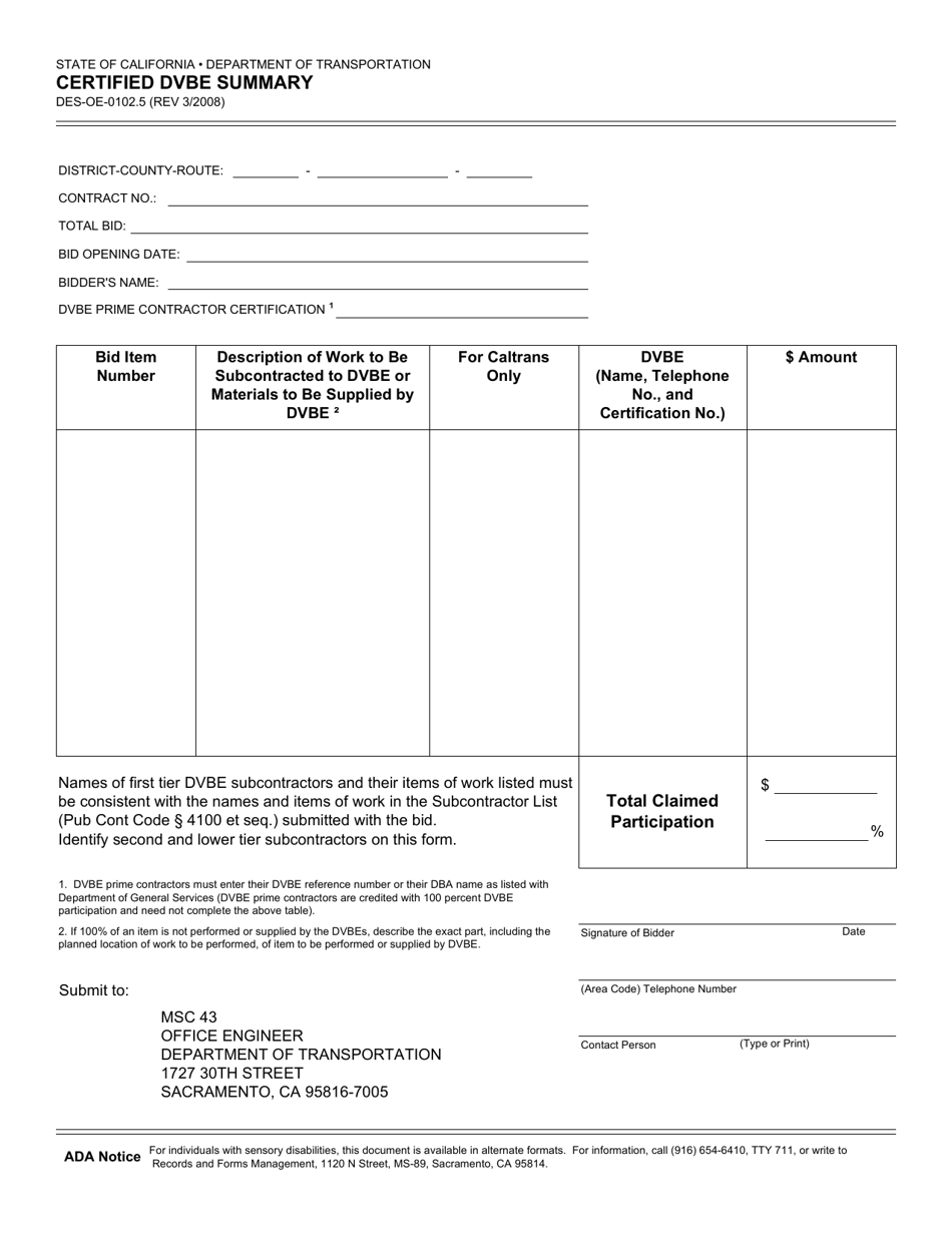 Form DES-OE-0102.5 Certified Dvbe Summary - California, Page 1