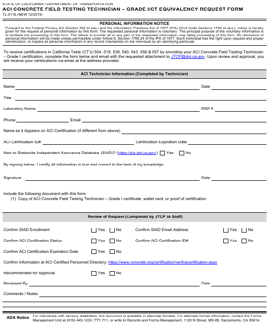 Form TL-0116 Download Fillable PDF or Fill Online Aci Concrete Field ...