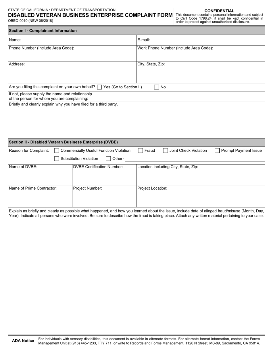 Form OBEO-0010 Disabled Veteran Business Enterprise Complaint Form - California, Page 1