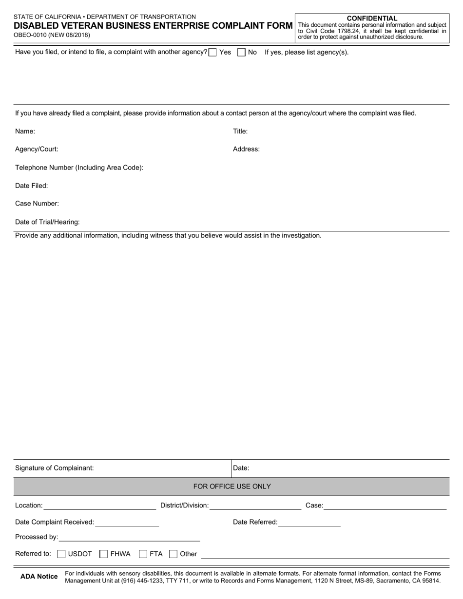 Form OBEO-0010 Disabled Veteran Business Enterprise Complaint Form - California, Page 2
