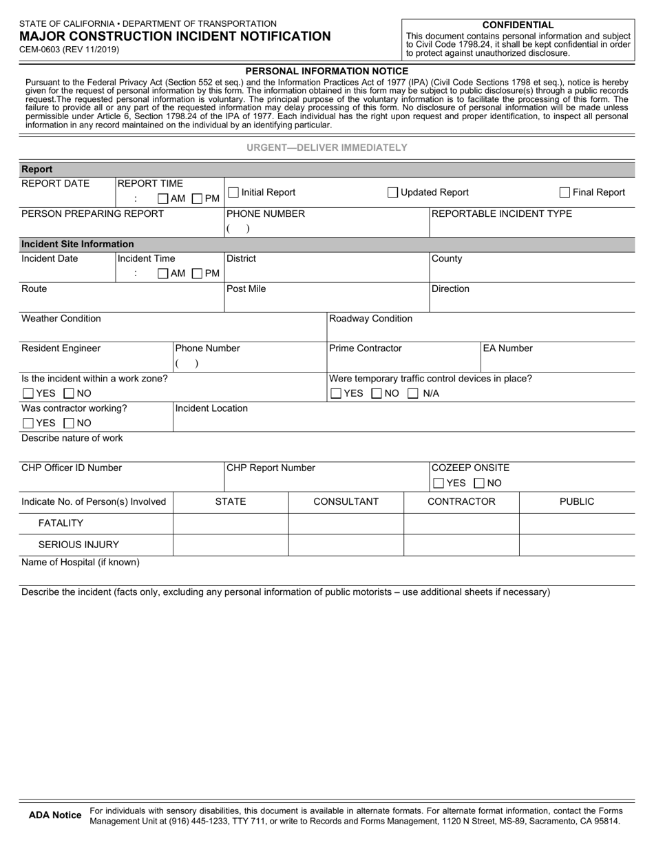 Form CEM-0603 Major Construction Incident Notification - California, Page 1