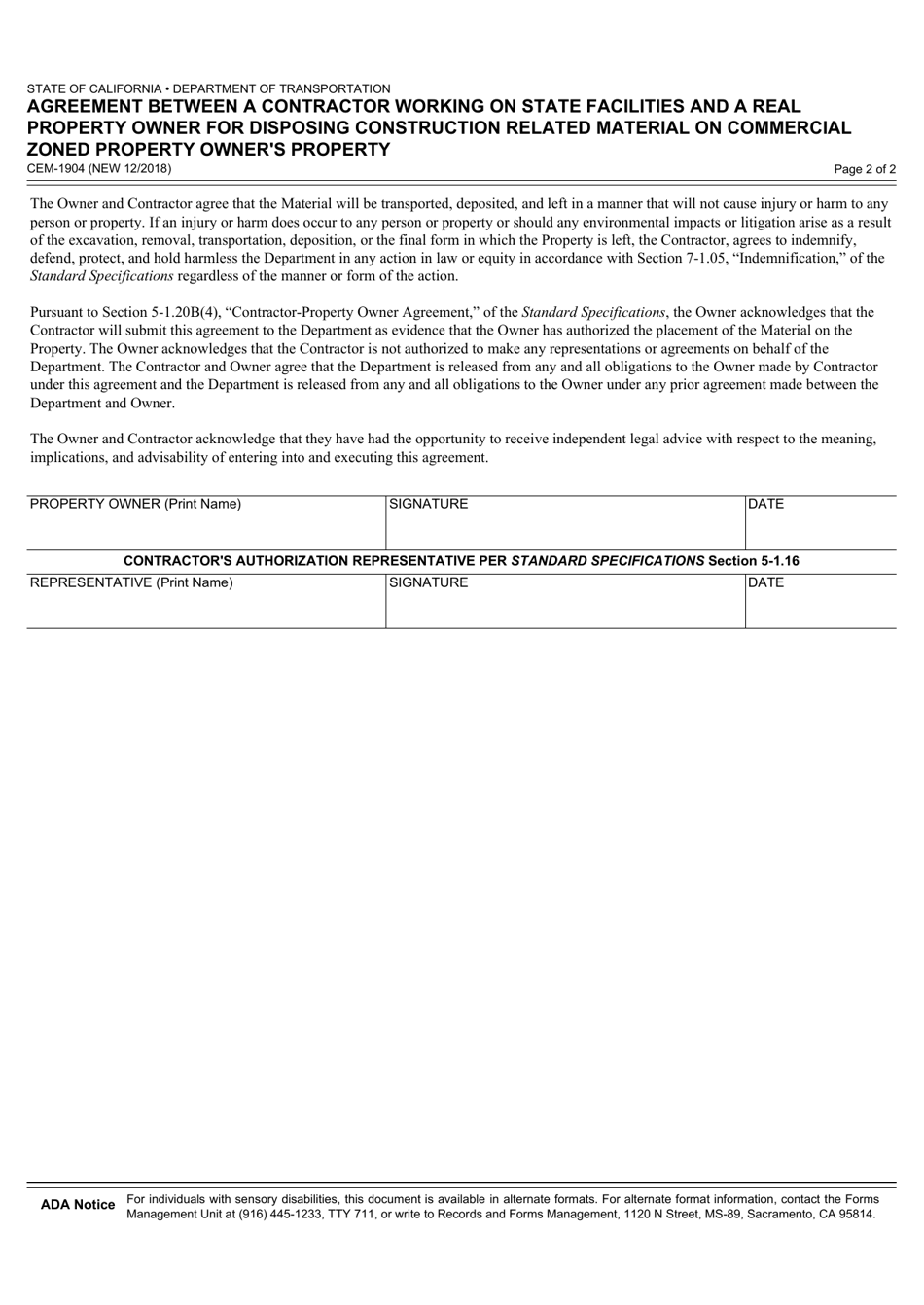 Form CEM-1904 Agreement Between a Contractor Working on State Facilities and a Real Property Owner for Disposing Construction Related Material on Commercial Zoned Property Owners Property - California, Page 2