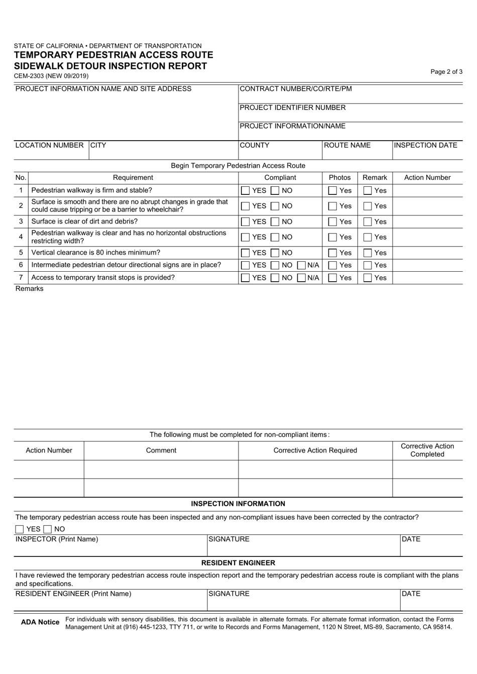 Form CEM-2303 Temporary Pedestrian Access Route Sidewalk Detour Inspection Report - California, Page 2