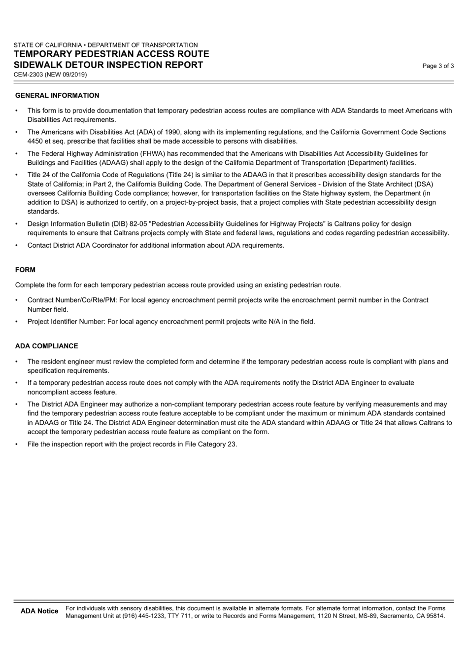 Form CEM-2303 Temporary Pedestrian Access Route Sidewalk Detour Inspection Report - California, Page 3