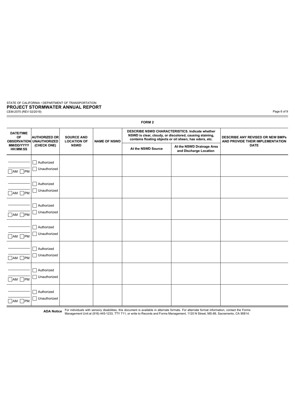 Form CEM-2075 Project Stormwater Annual Report - California, Page 6