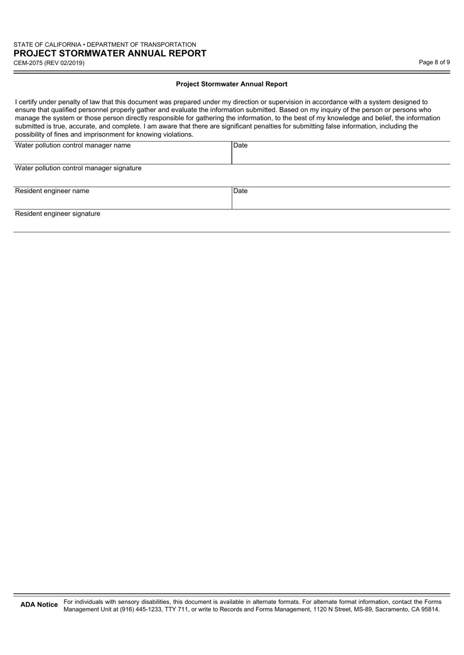 Form CEM-2075 Project Stormwater Annual Report - California, Page 8