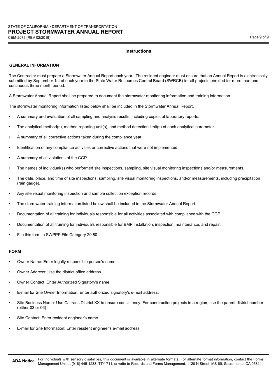Form CEM-2075 Project Stormwater Annual Report - California, Page 9