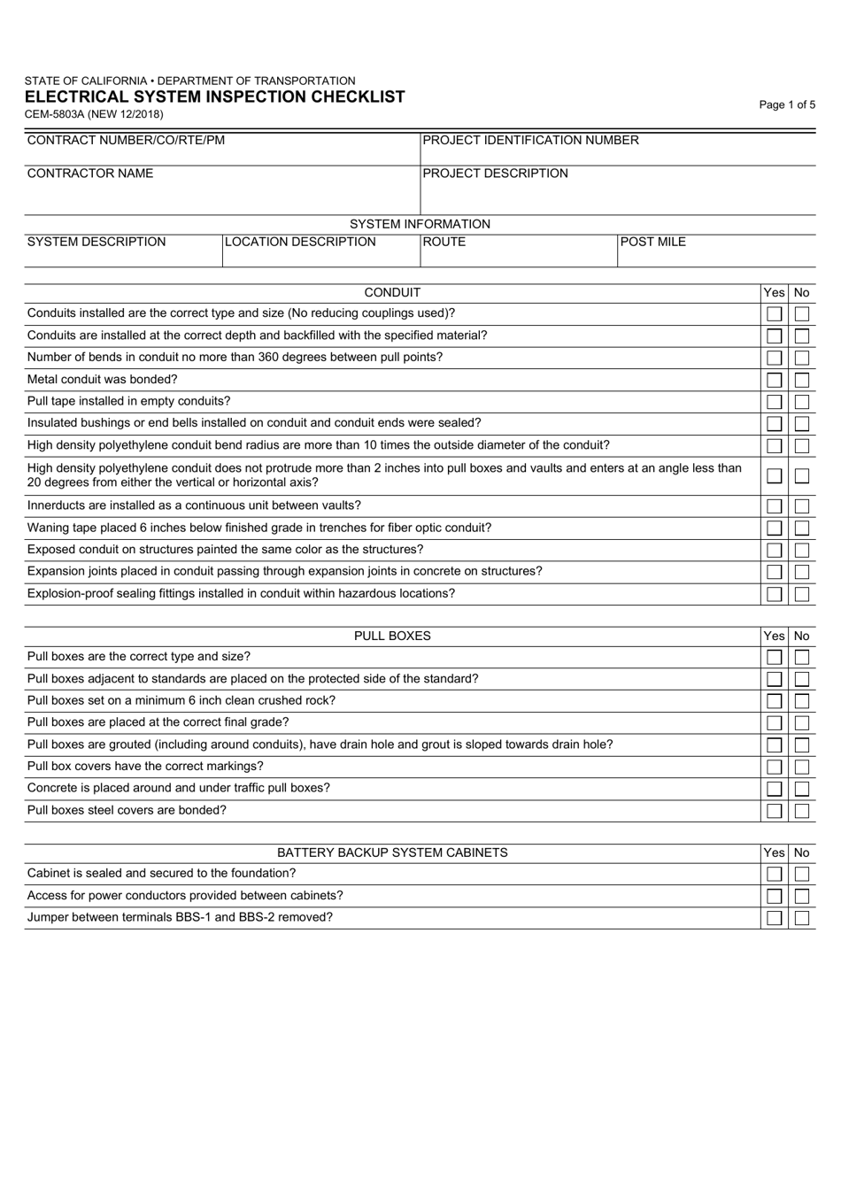 Form CEM-5803A Electrical System Inspection Checklist - California, Page 1