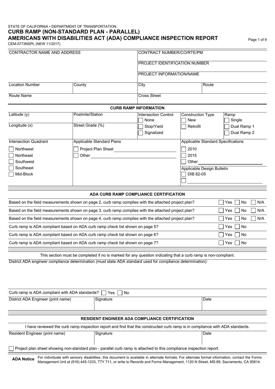 Form CEM-5773NSPL Curb Ramp (Non-standard Plan - Parallel) Americans With Disabilities Act (Ada) Compliance Inspection Report - California, Page 1