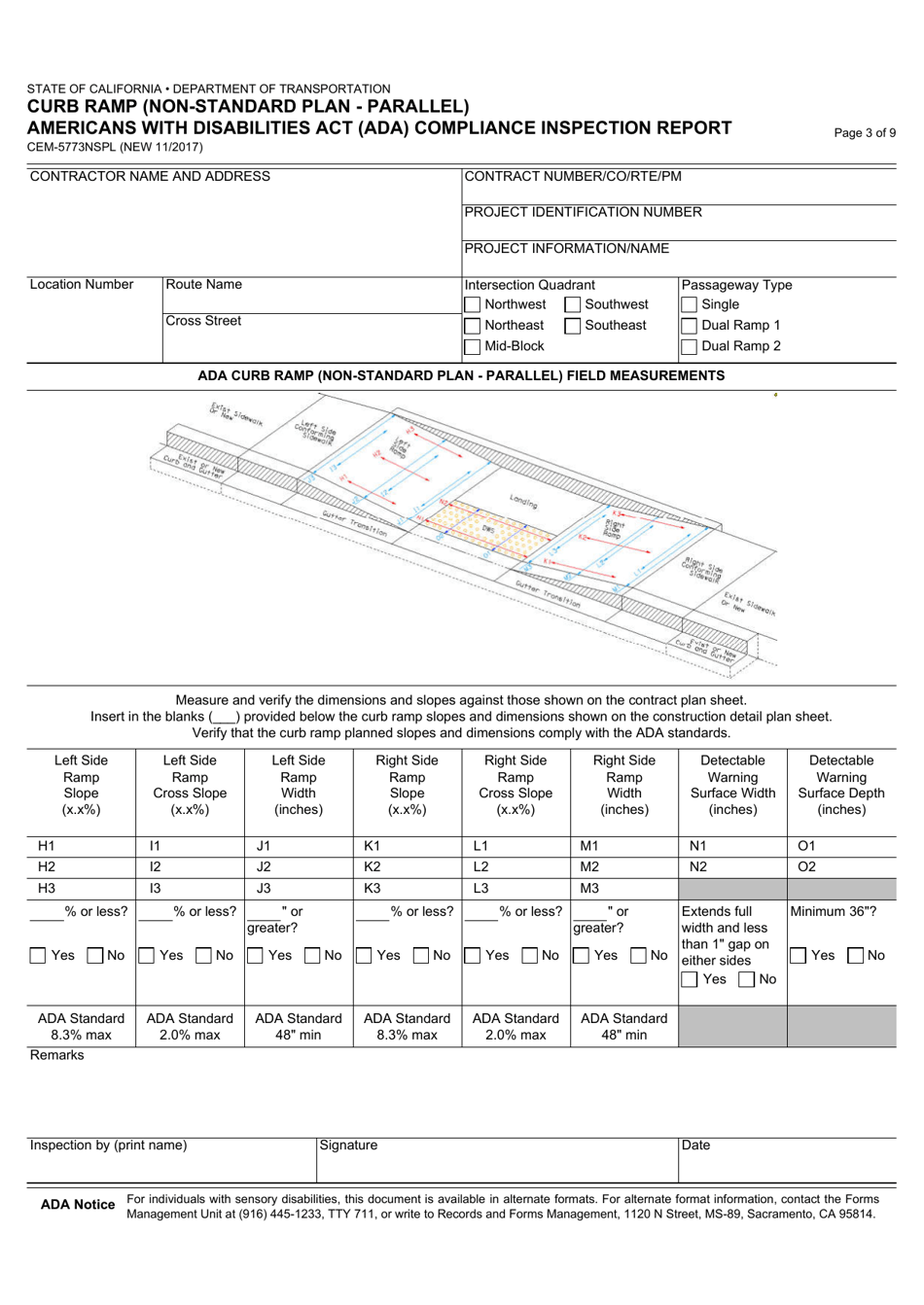 Form CEM-5773NSPL Curb Ramp (Non-standard Plan - Parallel) Americans With Disabilities Act (Ada) Compliance Inspection Report - California, Page 3