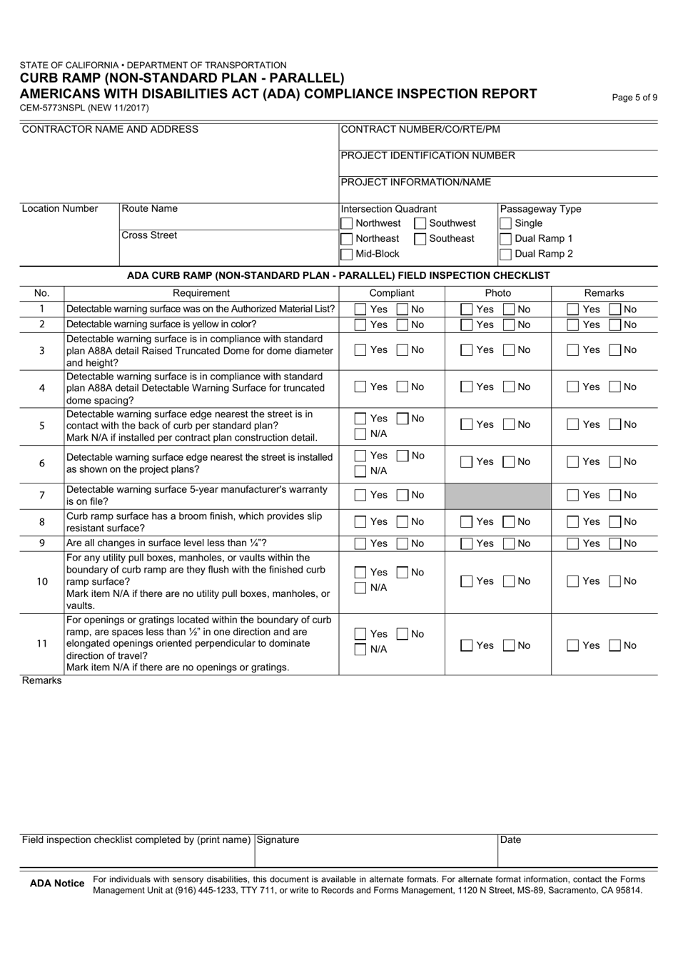 Form CEM-5773NSPL Curb Ramp (Non-standard Plan - Parallel) Americans With Disabilities Act (Ada) Compliance Inspection Report - California, Page 5