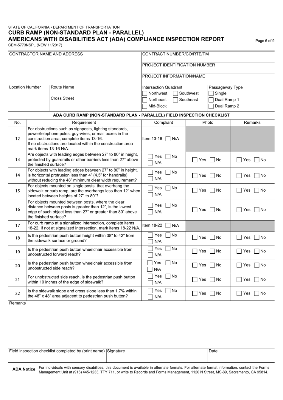 Form CEM-5773NSPL Curb Ramp (Non-standard Plan - Parallel) Americans With Disabilities Act (Ada) Compliance Inspection Report - California, Page 6