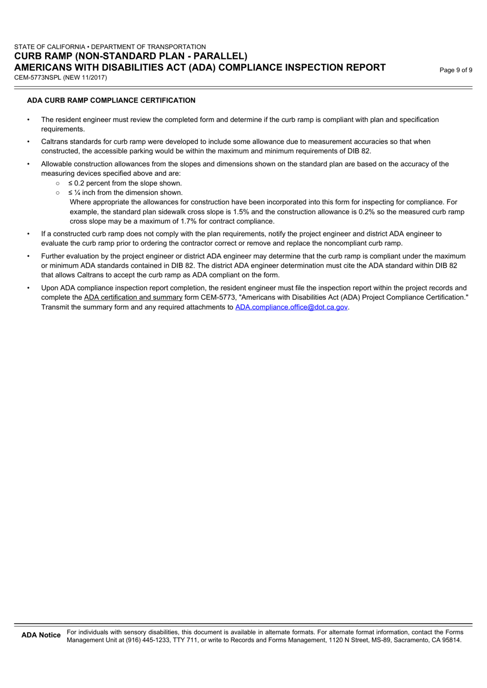 Form CEM-5773NSPL Curb Ramp (Non-standard Plan - Parallel) Americans With Disabilities Act (Ada) Compliance Inspection Report - California, Page 9