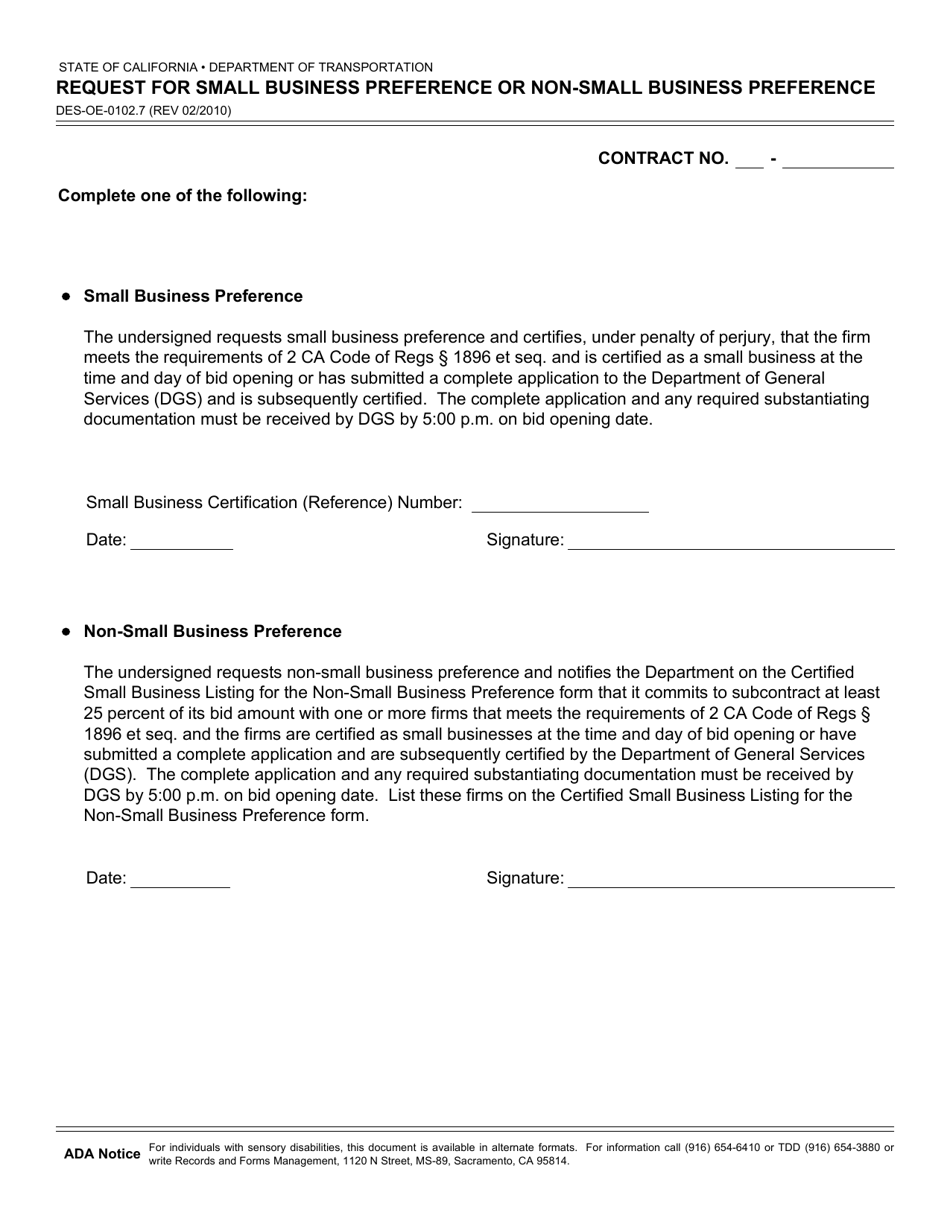 Form DES-OE-0102.7 Request for Small Business Preferences for Non-small Business Preference - California, Page 1