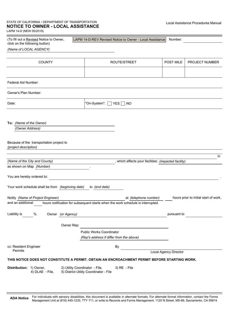 Form LAPM14-D Notice to Owner - Local Assistance - California, Page 1