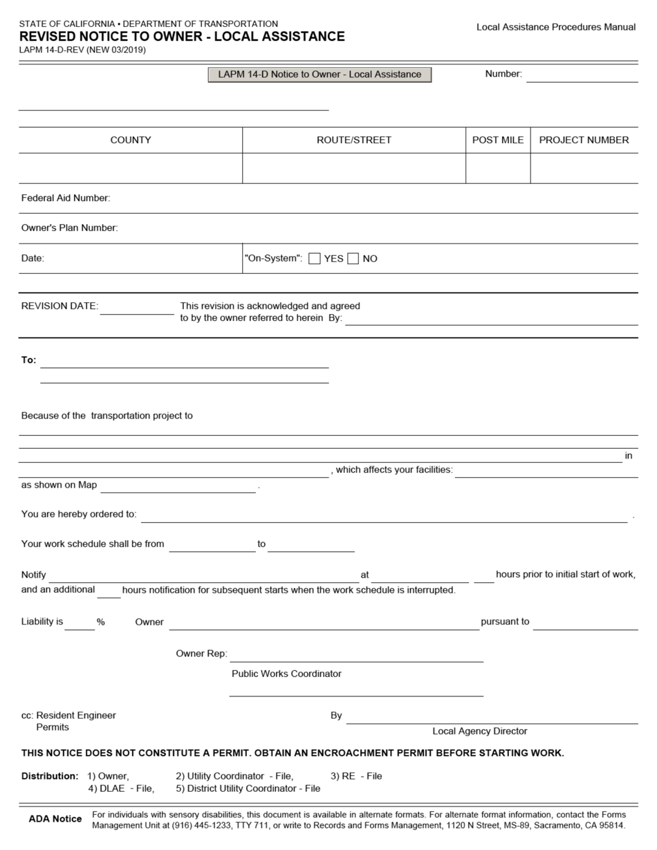 Form LAPM14-D-REV Revised Notice to Owner - Local Assistance - California, Page 1