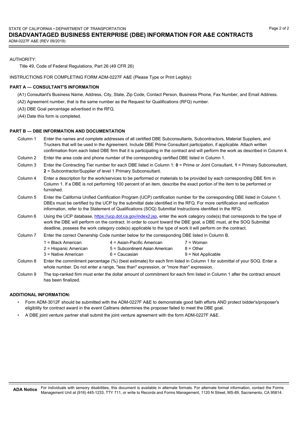 Form ADM-0227F AE Disadvantaged Business Enterprise (Dbe) Information for ae Contracts - California, Page 2