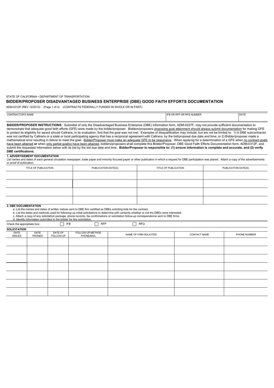 Form ADM-0312F Bidder / Proposer Disadvantaged Business Enterprise (Dbe) Good Faith Efforts Documentation - California, Page 1