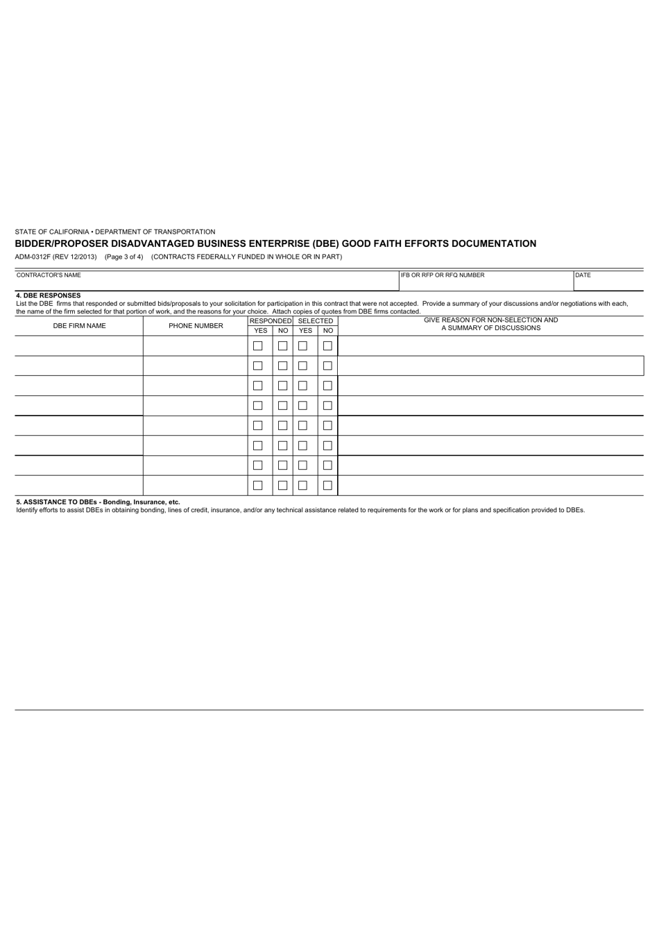 Form ADM-0312F Bidder / Proposer Disadvantaged Business Enterprise (Dbe) Good Faith Efforts Documentation - California, Page 3