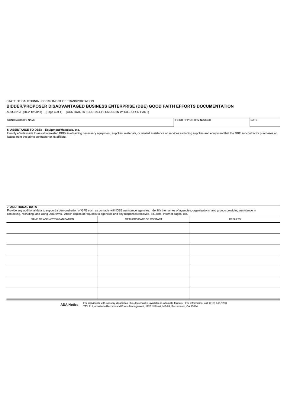Form ADM-0312F Bidder / Proposer Disadvantaged Business Enterprise (Dbe) Good Faith Efforts Documentation - California, Page 4