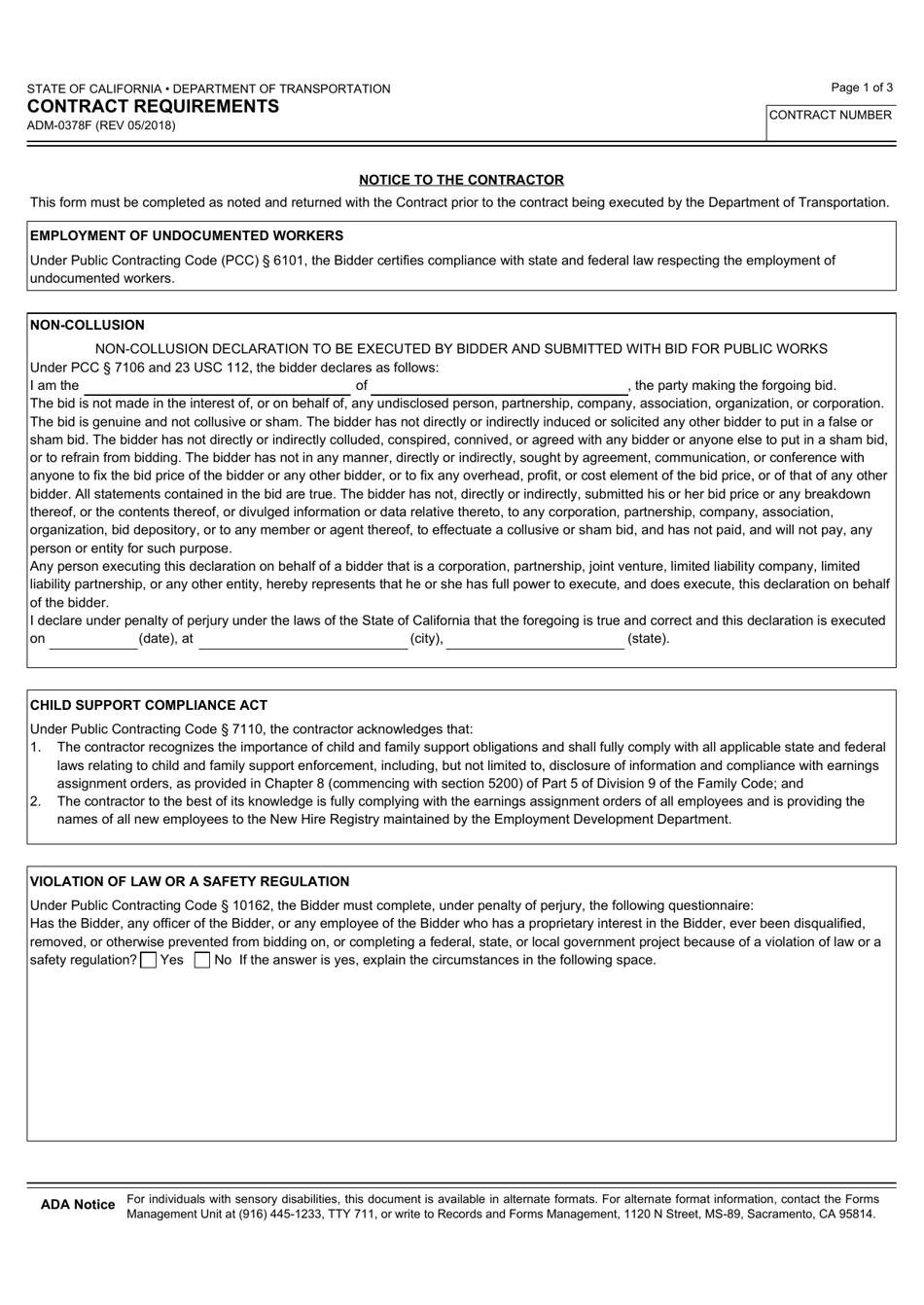 Form ADM-0378F Contract Requirements - California, Page 1