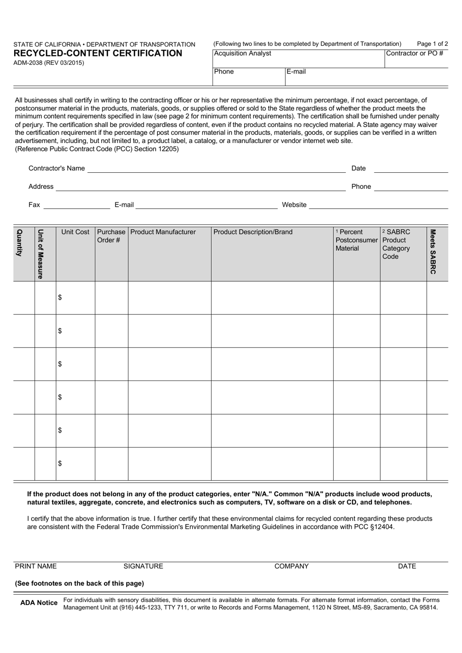 Form ADM-2038 Recycle Content Certification - California, Page 1