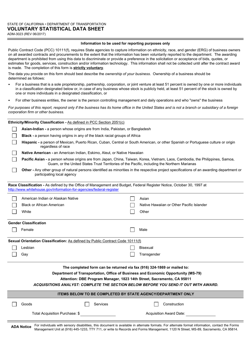 Form ADM-3023 Voluntary Statistical Data Sheet - California, Page 1