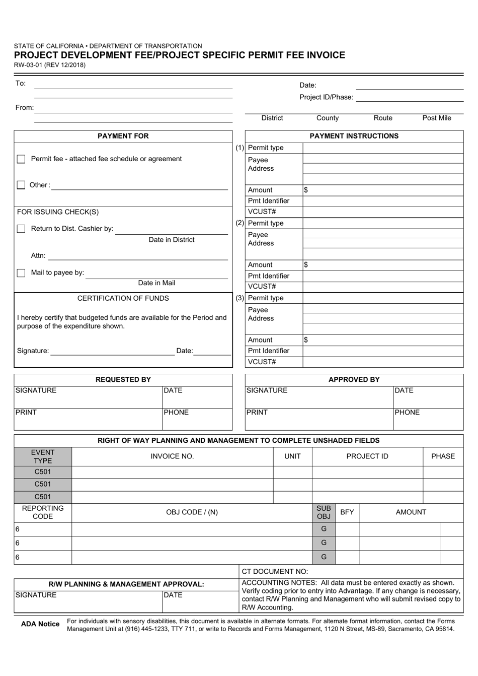 Form RW-03-01 Project Development Fee / Project Specific Permit Fee Invoice - California, Page 1