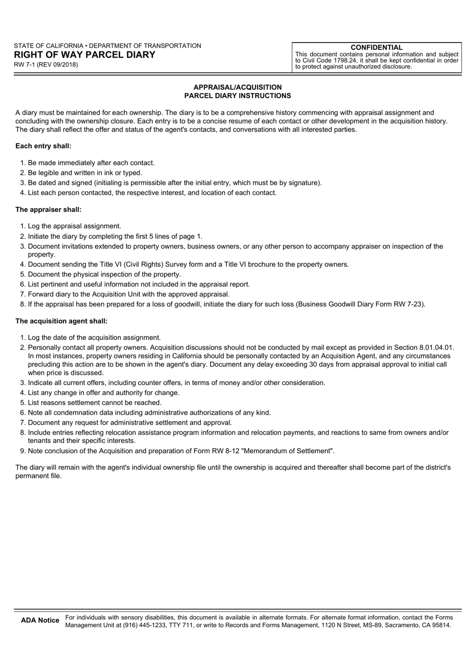 Form RW7-1 Right of Way Parcel Diary - California, Page 3