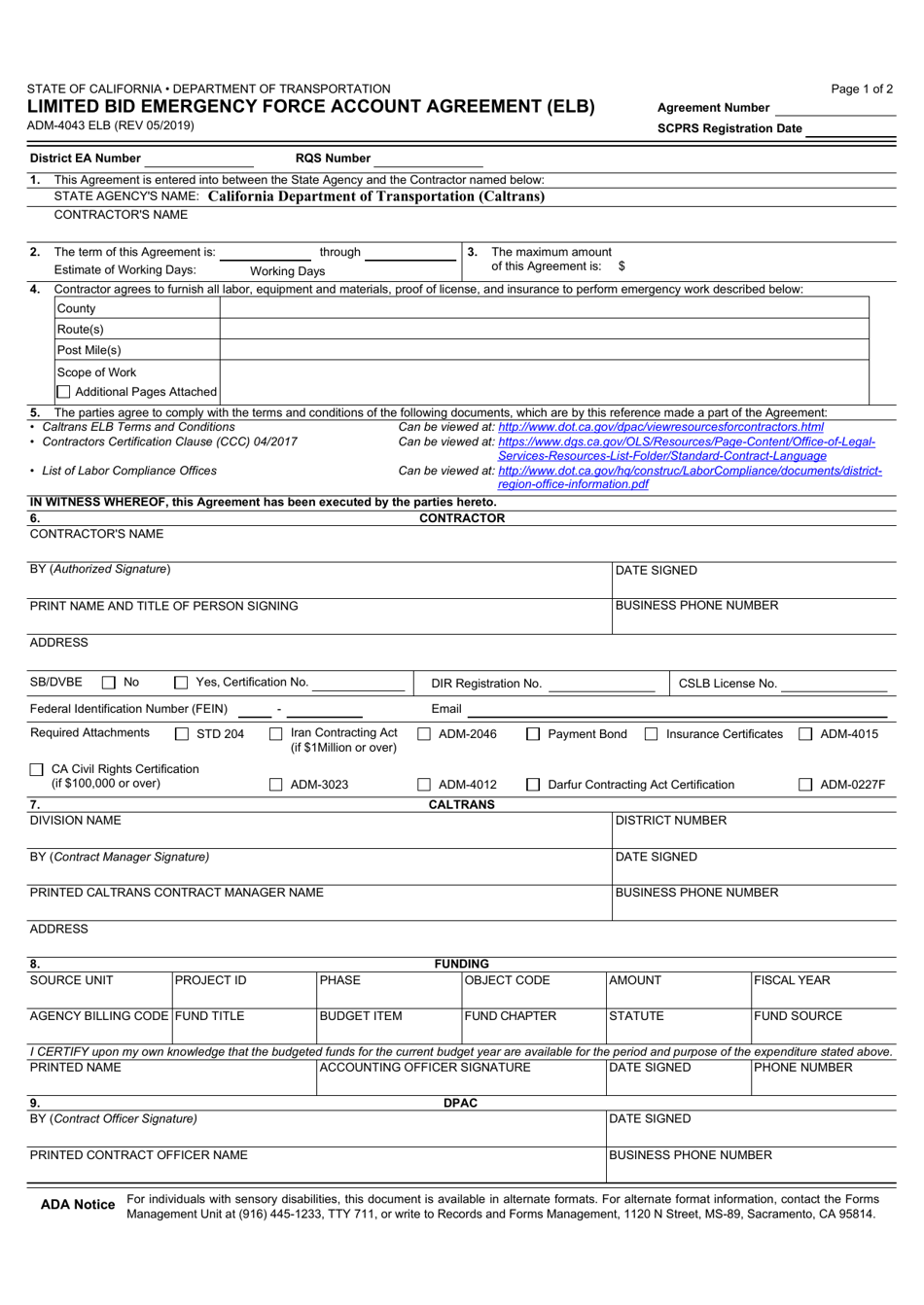Form ADM-4043 ELB Limited Bid Emergency Force Account Agreement (Elb) - California, Page 1