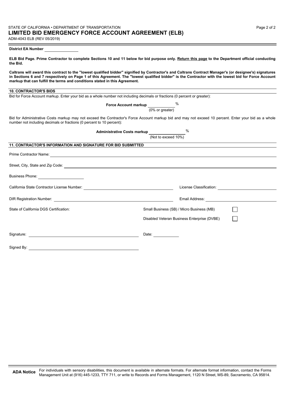 Form ADM-4043 ELB Limited Bid Emergency Force Account Agreement (Elb) - California, Page 2