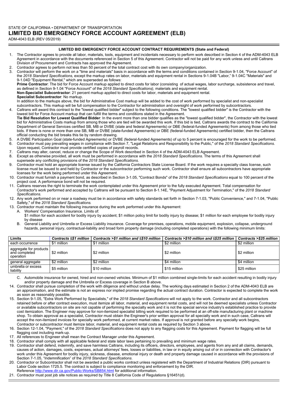 Form ADM-4043 ELB Limited Bid Emergency Force Account Agreement (Elb) - California, Page 3