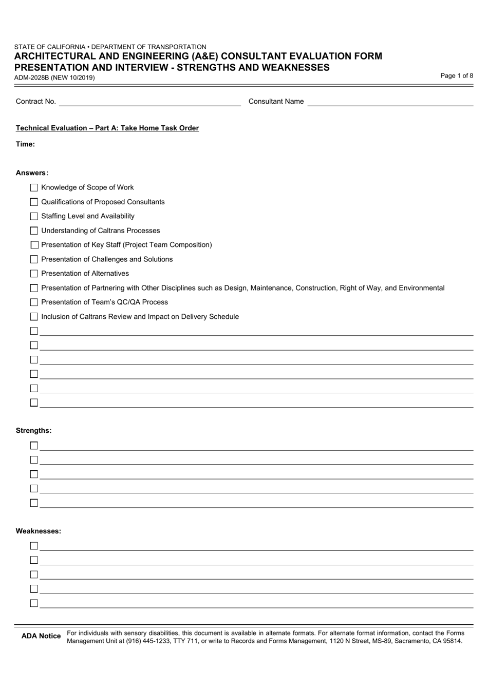 Form ADM-2028B Architectural and Engineering (Ae) Consultant Evaluation Form Presentation and Interview - Strengths and Weaknesses - California, Page 1
