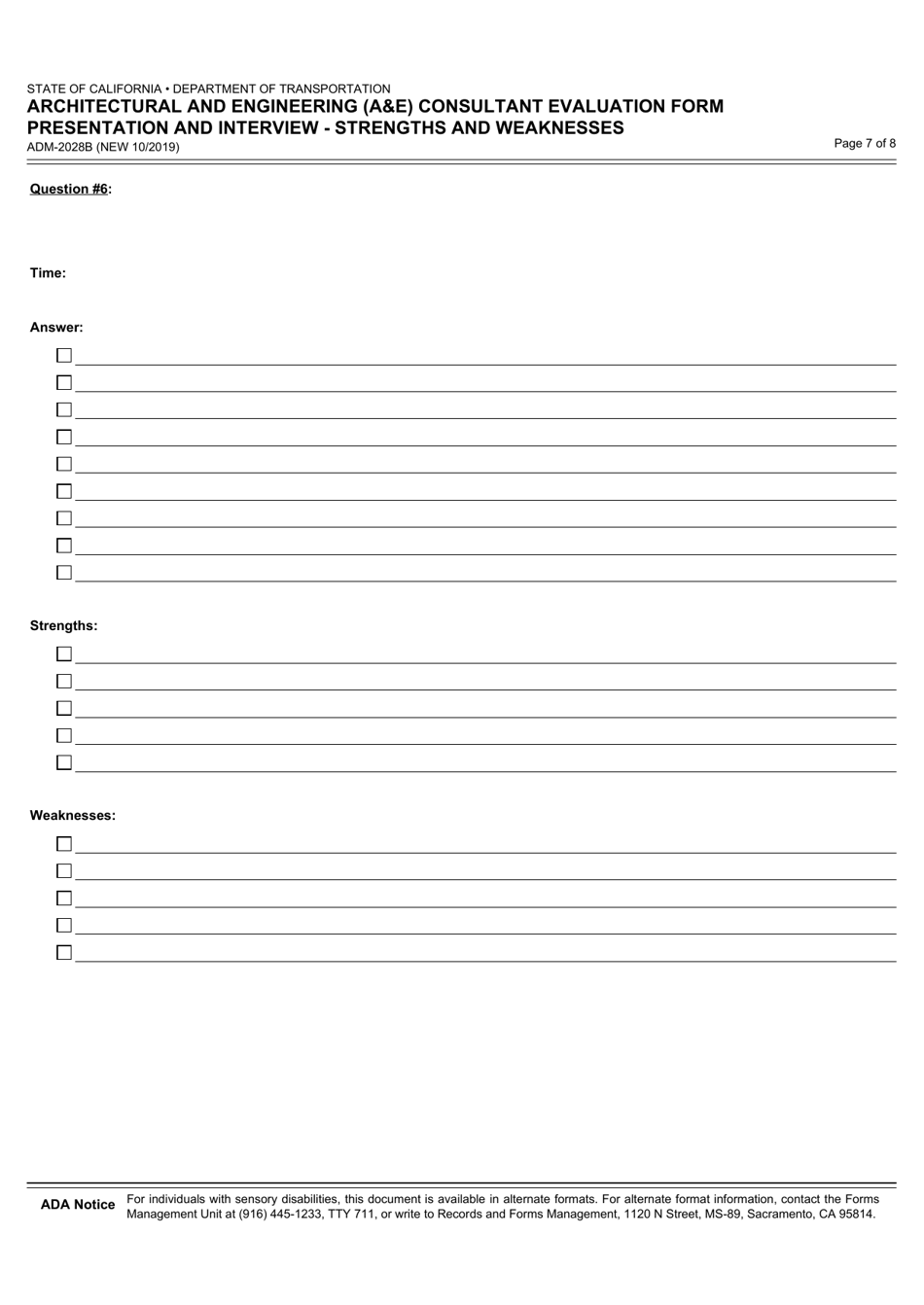 Form ADM-2028B Architectural and Engineering (Ae) Consultant Evaluation Form Presentation and Interview - Strengths and Weaknesses - California, Page 7