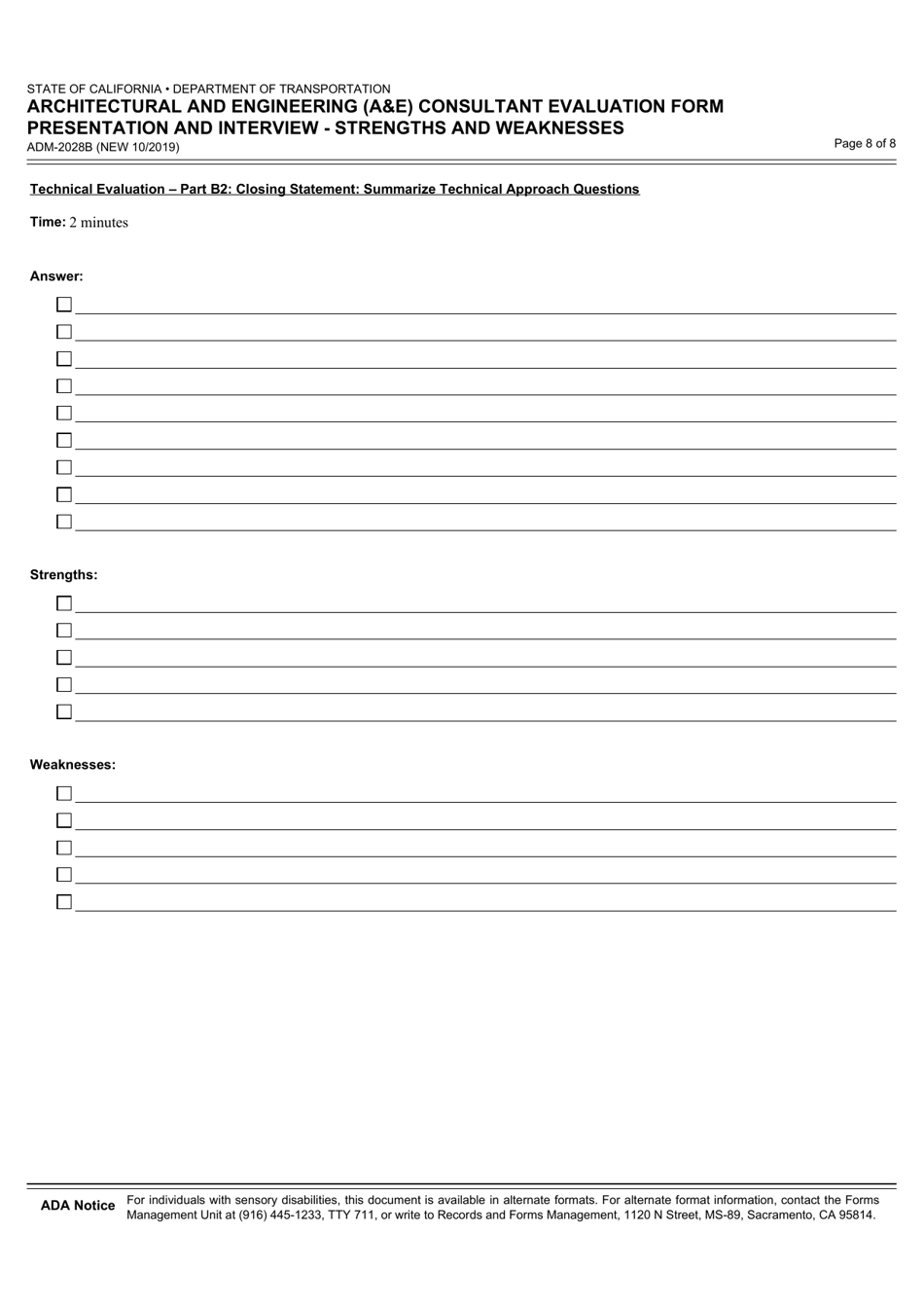 Form ADM-2028B Architectural and Engineering (Ae) Consultant Evaluation Form Presentation and Interview - Strengths and Weaknesses - California, Page 8