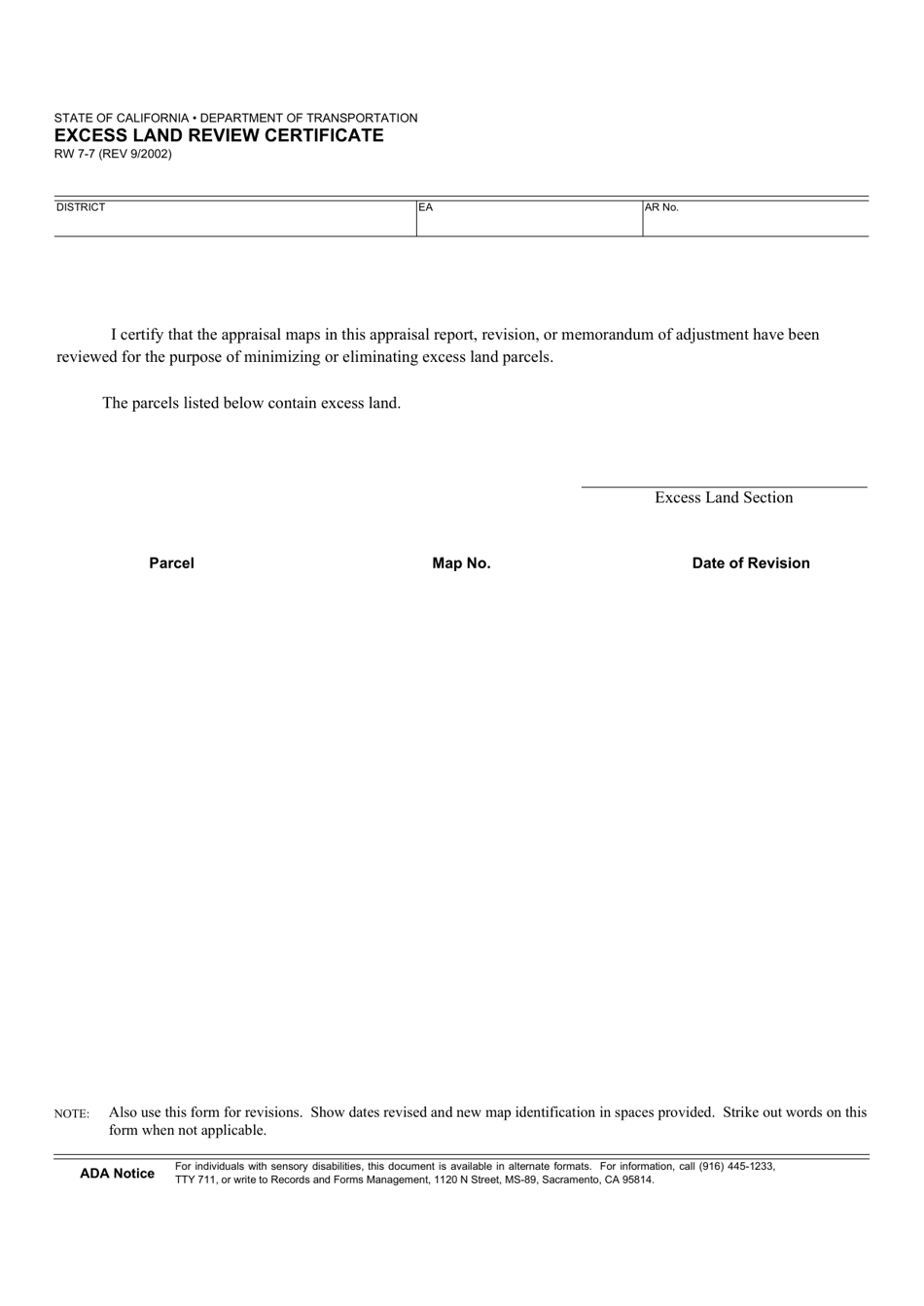 Form RW7-7 Excess Land Review Certificate - California, Page 1