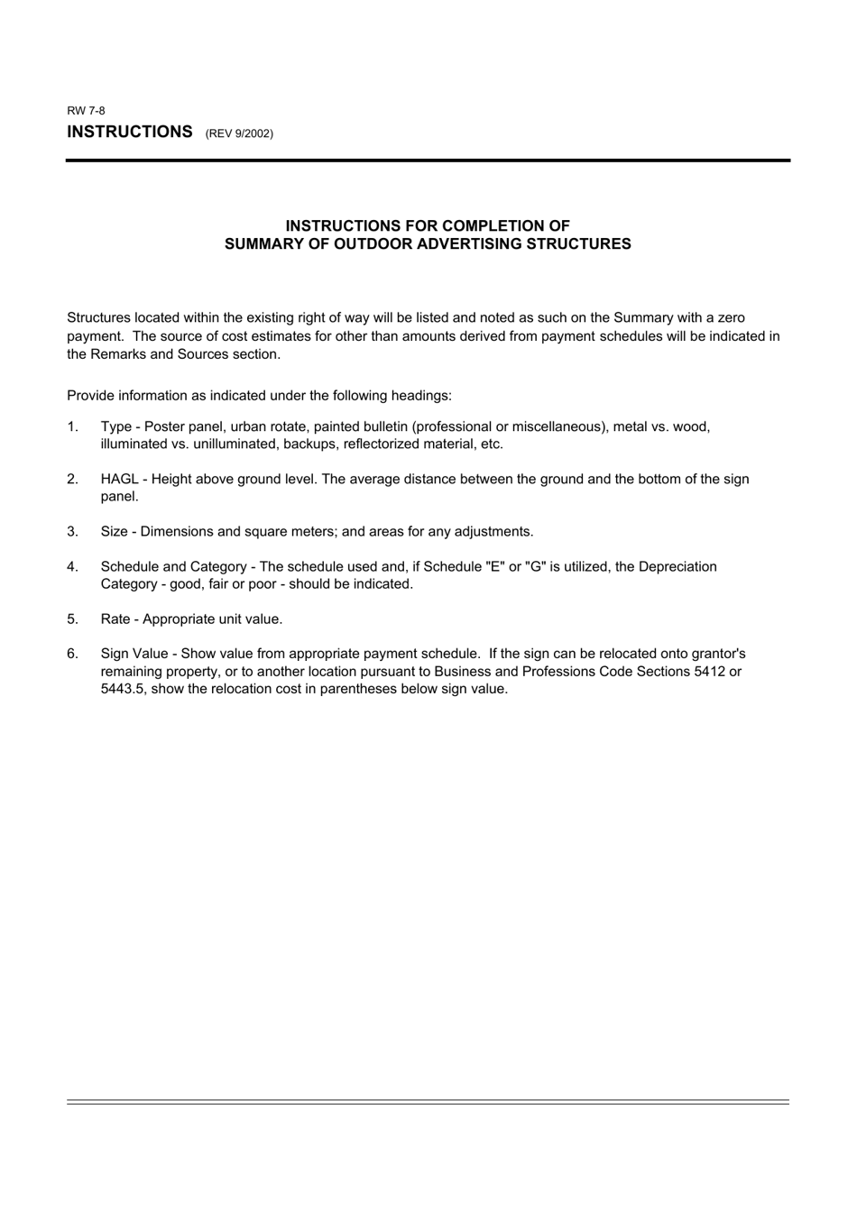 Form RW7-8 Summary of Outdoor Advertising Structures - California, Page 2