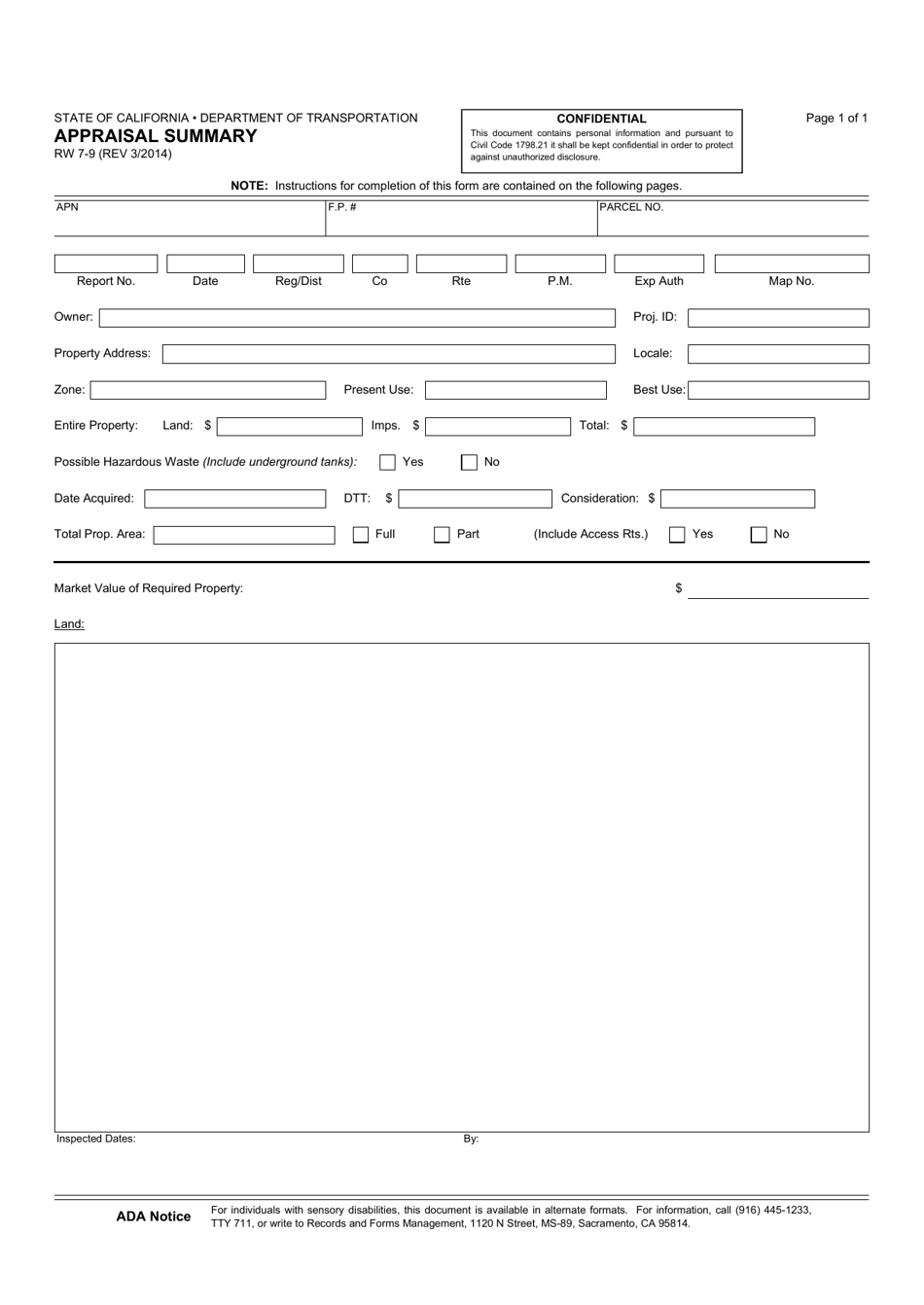 Form RW7-9 Appraisal Summary - California, Page 1