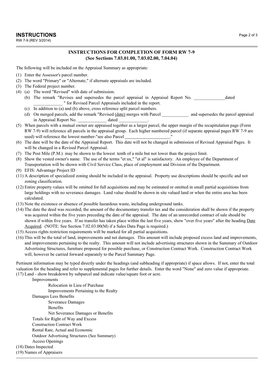 Form RW7-9 Appraisal Summary - California, Page 3