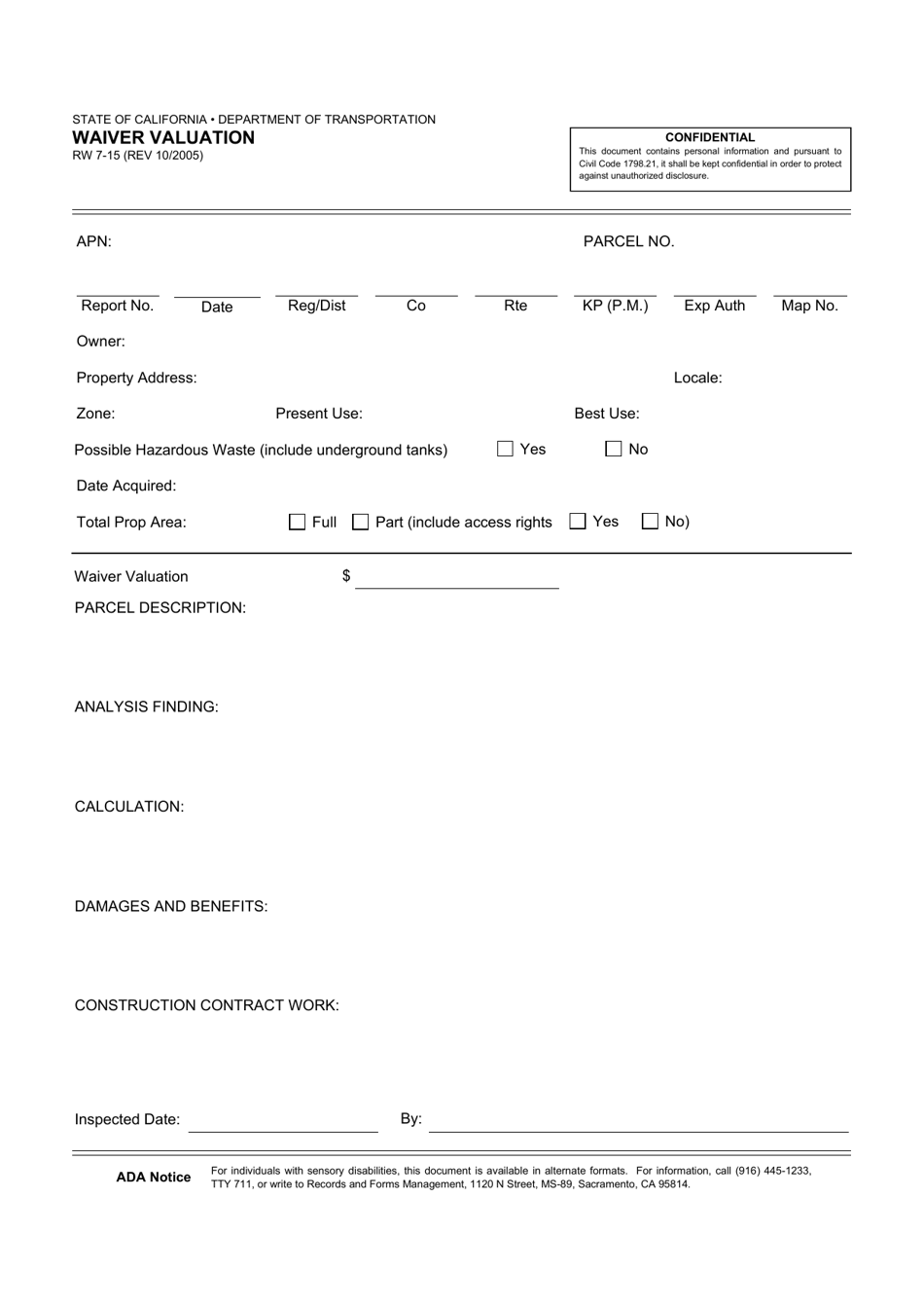 Form RW7-15 Waiver Valuation - California, Page 1