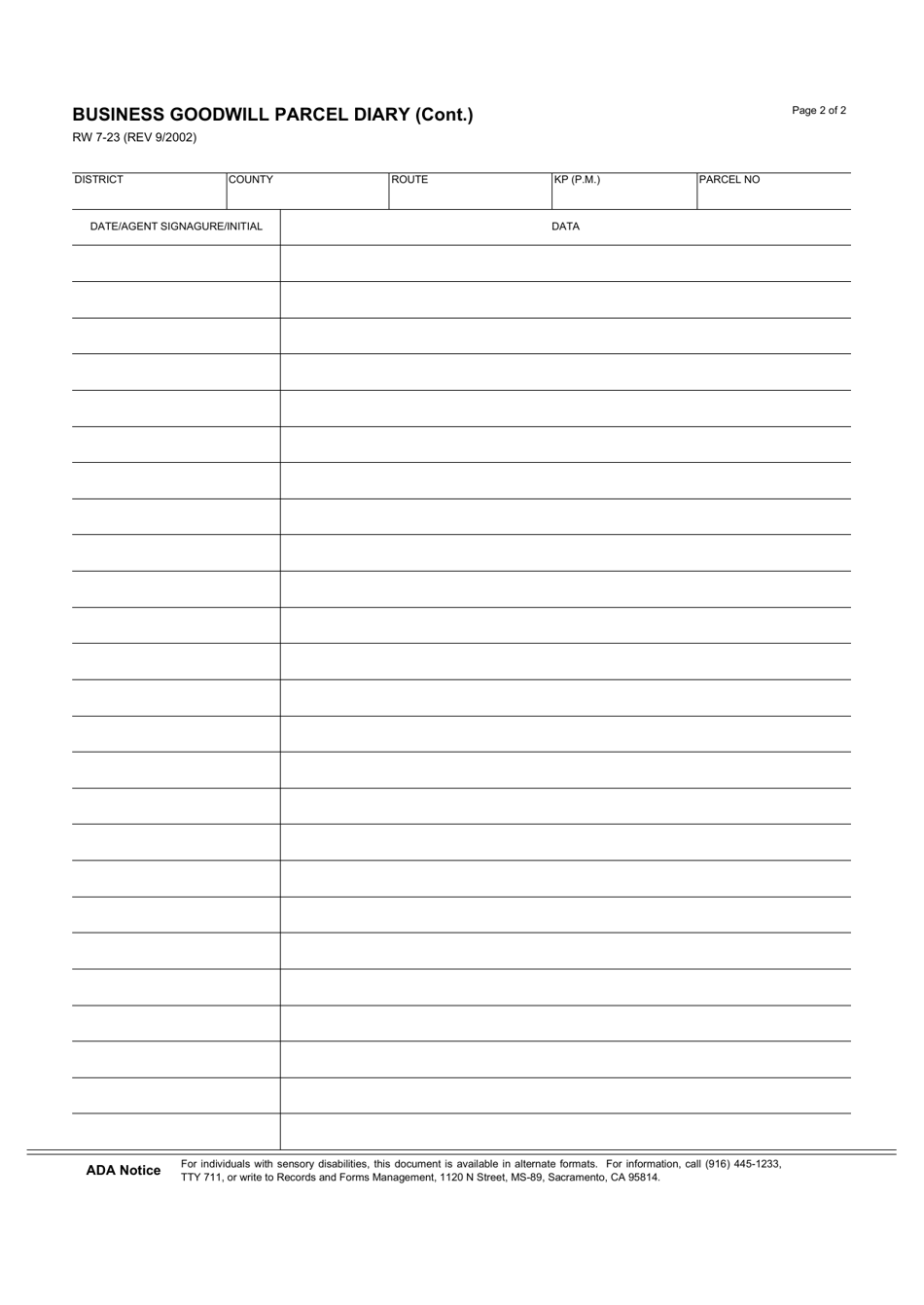 Form RW7-23 Business Goodwill Parcel Diary - California, Page 2