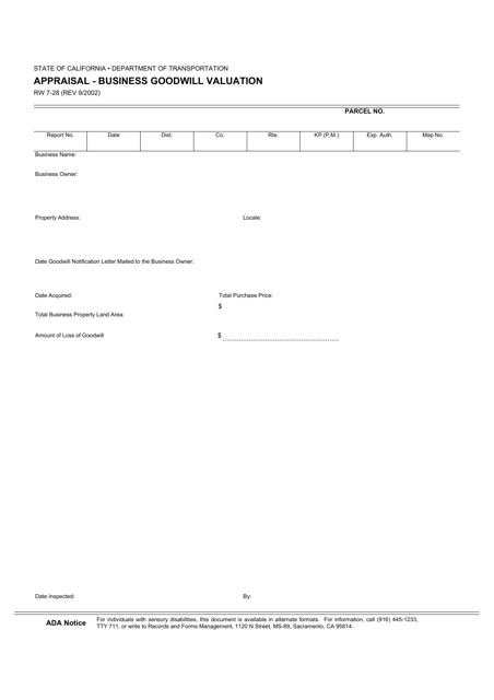 Form RW7-28 Appraisal - Business Goodwill Valuation - California
