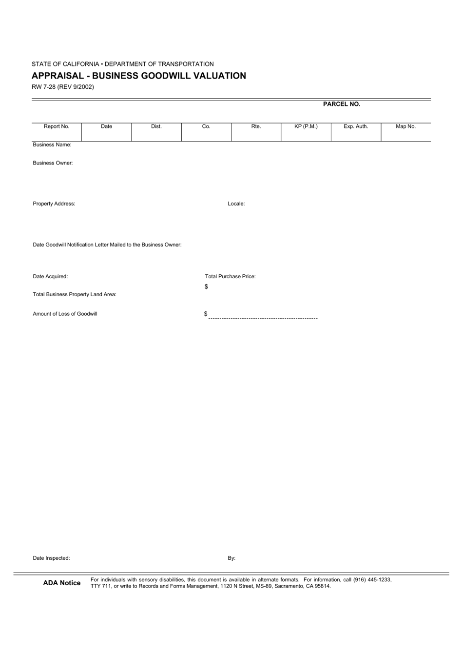 Form RW7-28 Appraisal - Business Goodwill Valuation - California, Page 1
