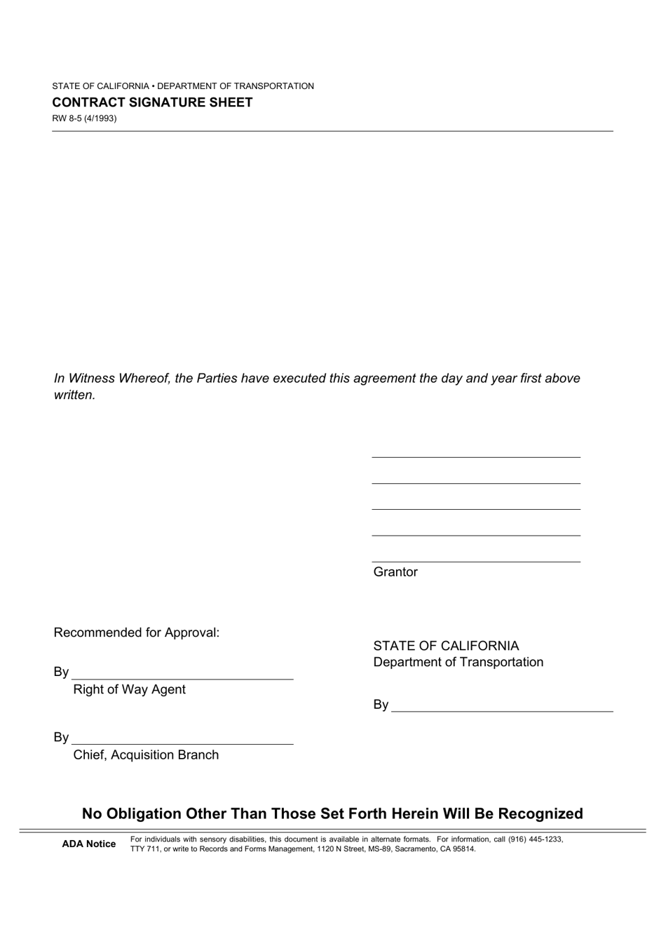 Form RW8-5 Contract Signature Sheet - California, Page 1