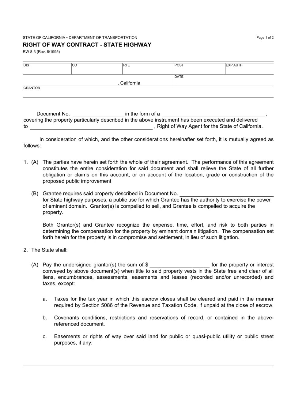 Form RW8-3 Right of Way Contract - State Highway - California, Page 1