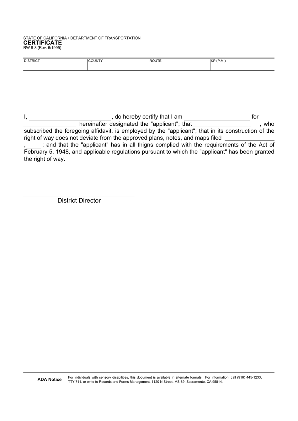 Form RW8-8 Certificate - California, Page 1