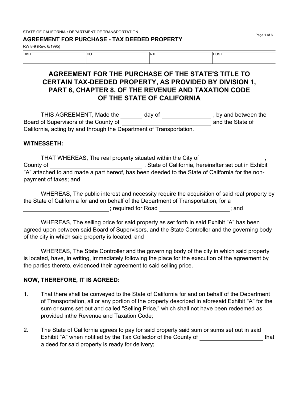 Form RW8-9 Agreement for Purchase - Tax Deeded Property - California, Page 1