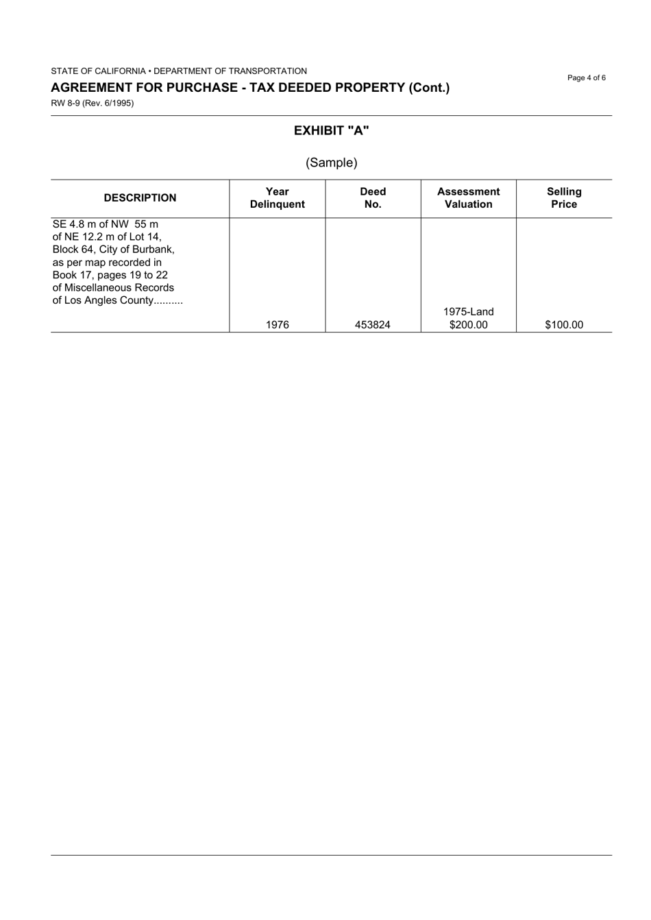 Form RW8-9 Agreement for Purchase - Tax Deeded Property - California, Page 4