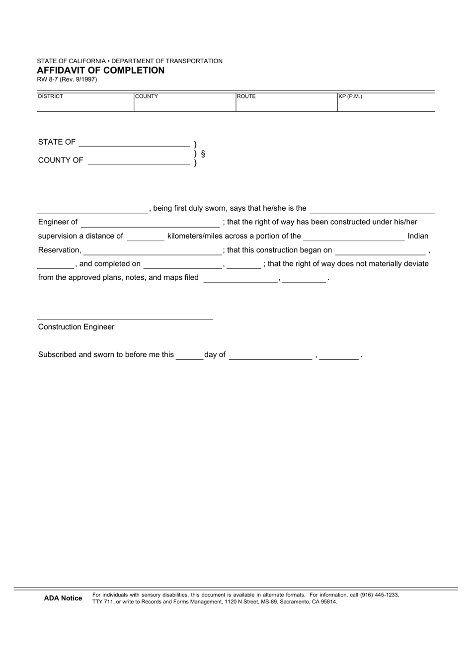 Form RW8-7 Affidavit of Completion - California, Page 1